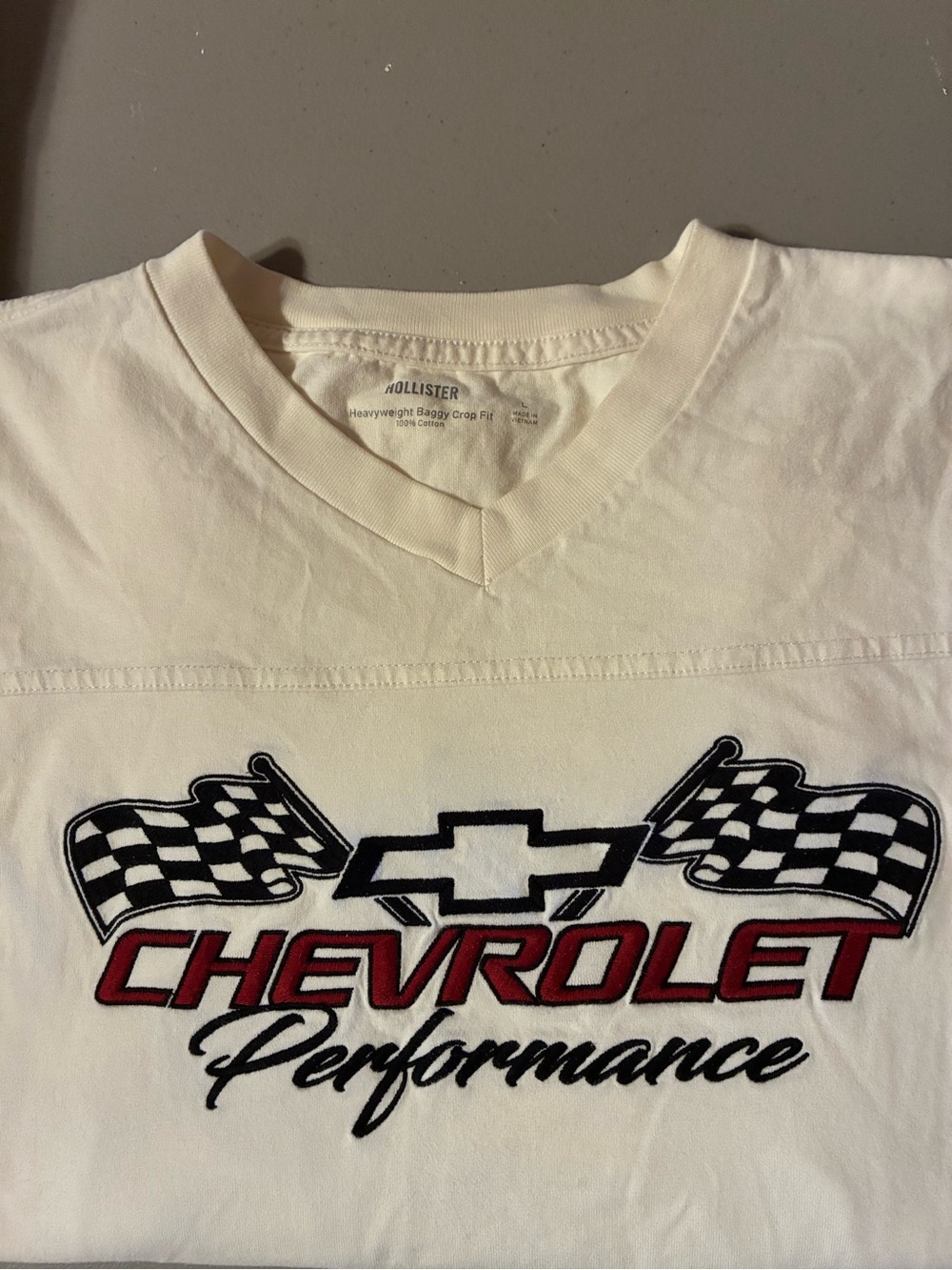 Hollister Men’s Cream Chevrolet Performance Graphic Tee with Red & Black Accents